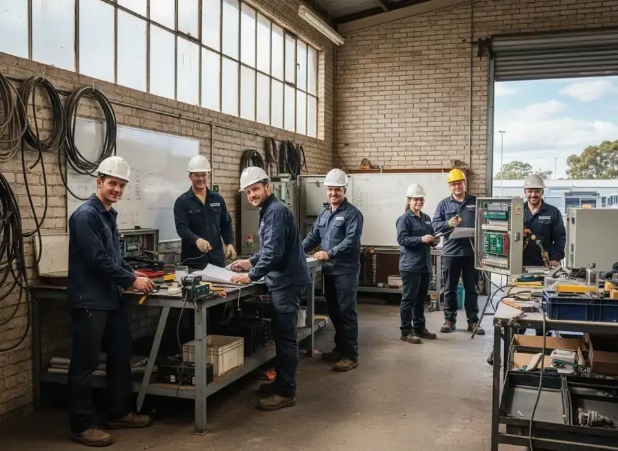 electrician dandenong: group of workers in hard hats and navy overalls beside a workbench in a brick workshop