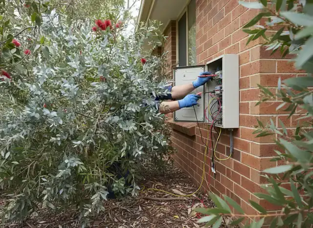 electrician dandenong: man in blue overalls kneeling by an industrial control box with a multimeter and sparks