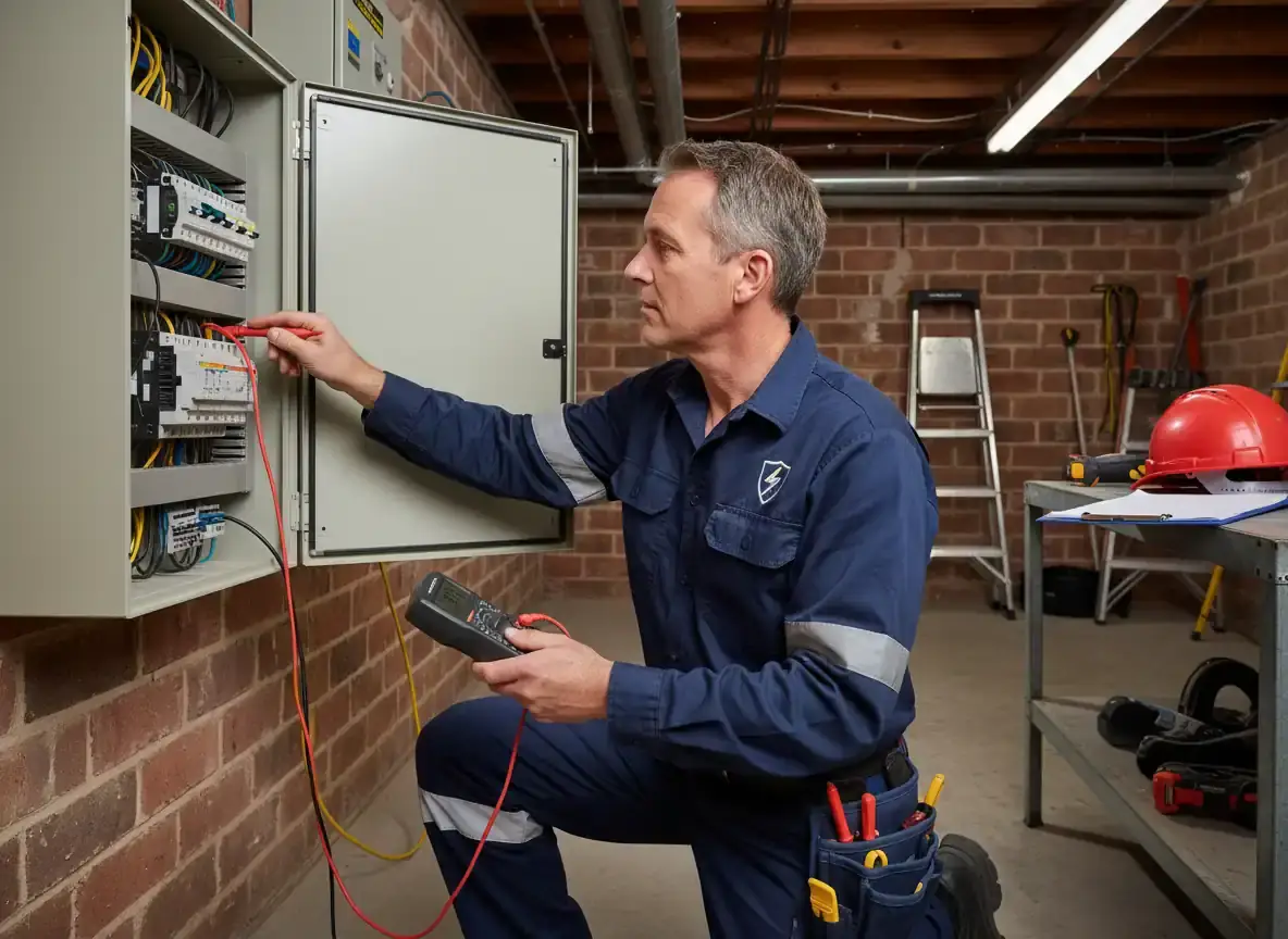electrician dandenong: man in navy shirt testing a switchboard with a meter probe in a brick basement