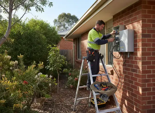 electrician dandenong: night work at a wall meter box with emergency vehicles lit up on the street