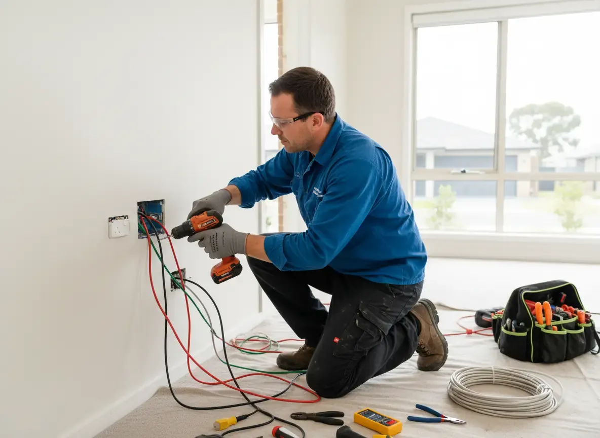 electrician dandenong: man kneeling and drilling a wall socket, with red and green cables and tools on the floor
