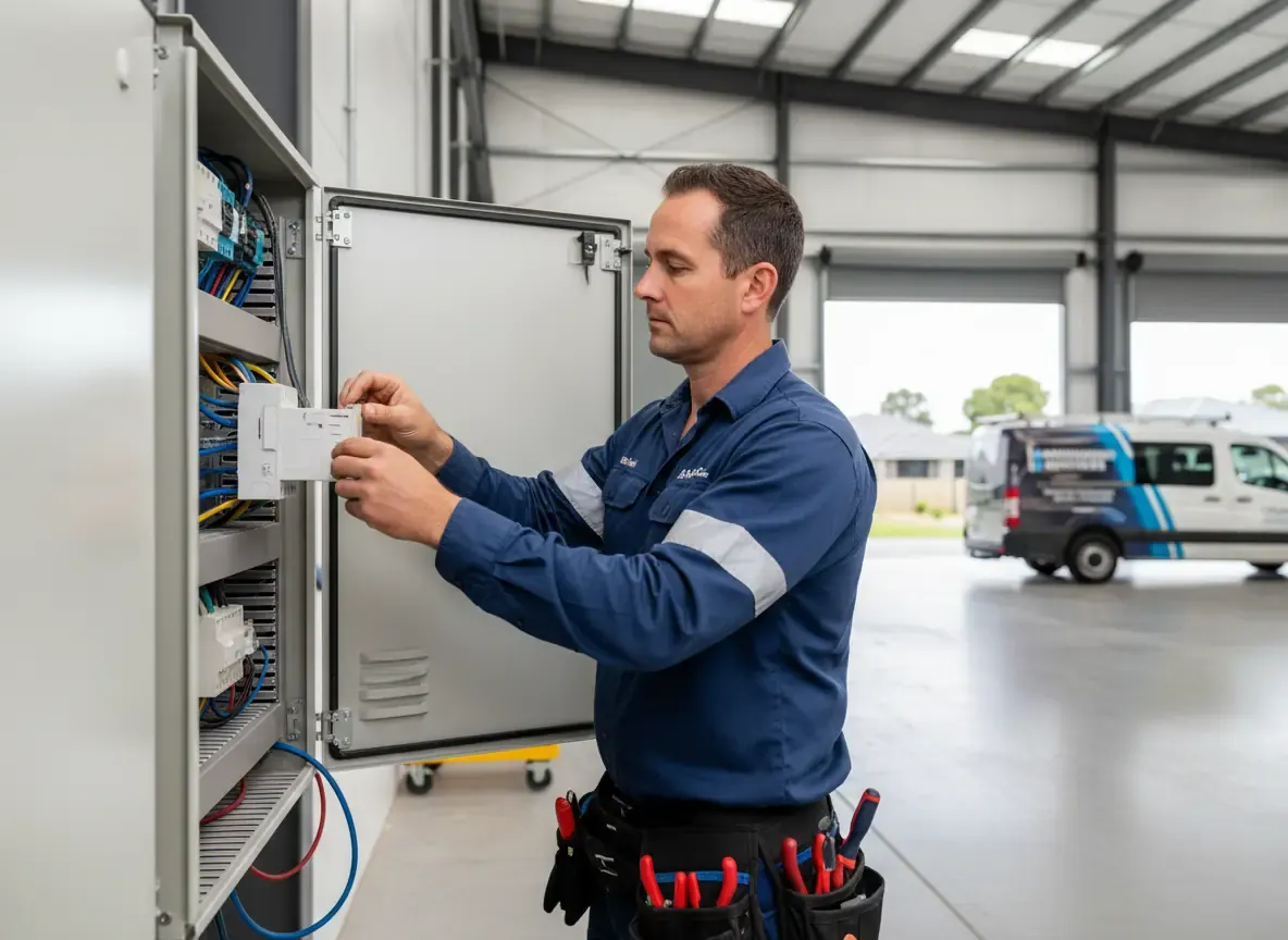 electrician dandenong: man fitting a device inside an open grey switchboard in a warehouse, van behind