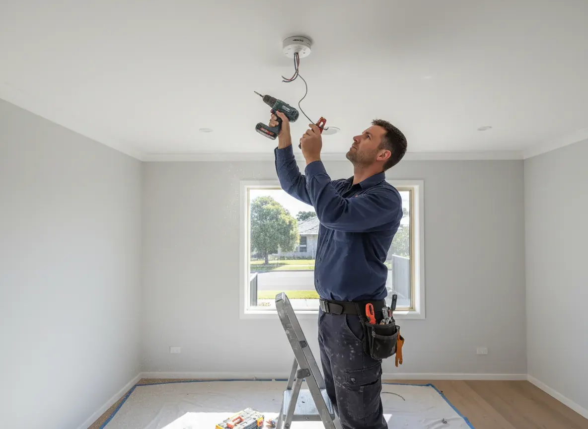 electrician dandenong: man on a stepladder wiring a ceiling smoke alarm in an empty room